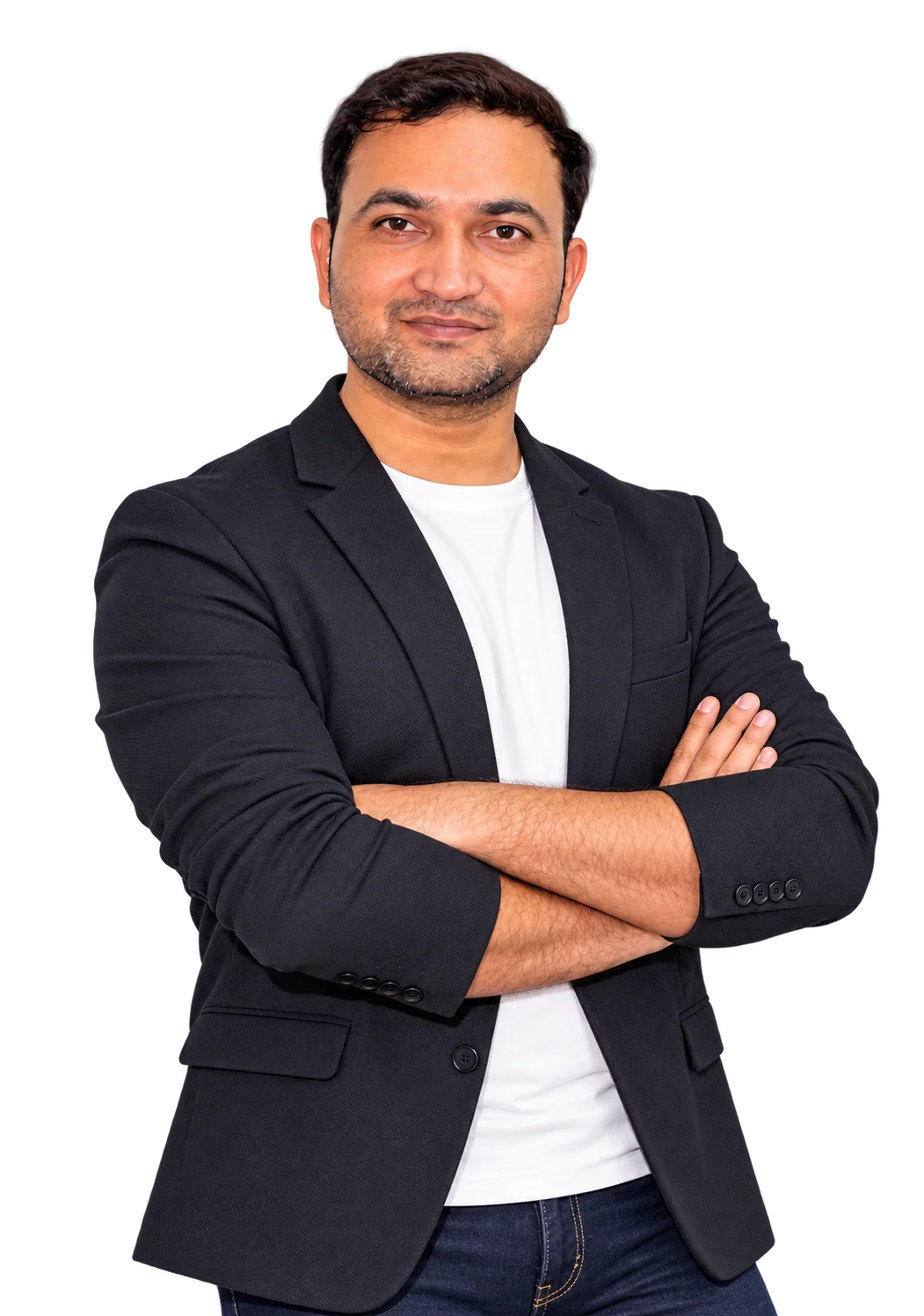 Sanjeev Singh in a black blazer, arms crossed
