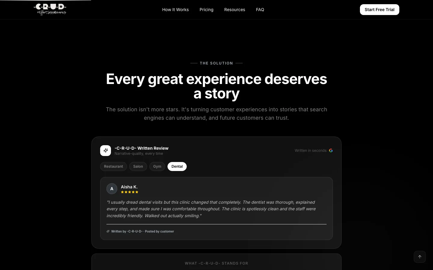 CRUD Review, Every experience becomes a story