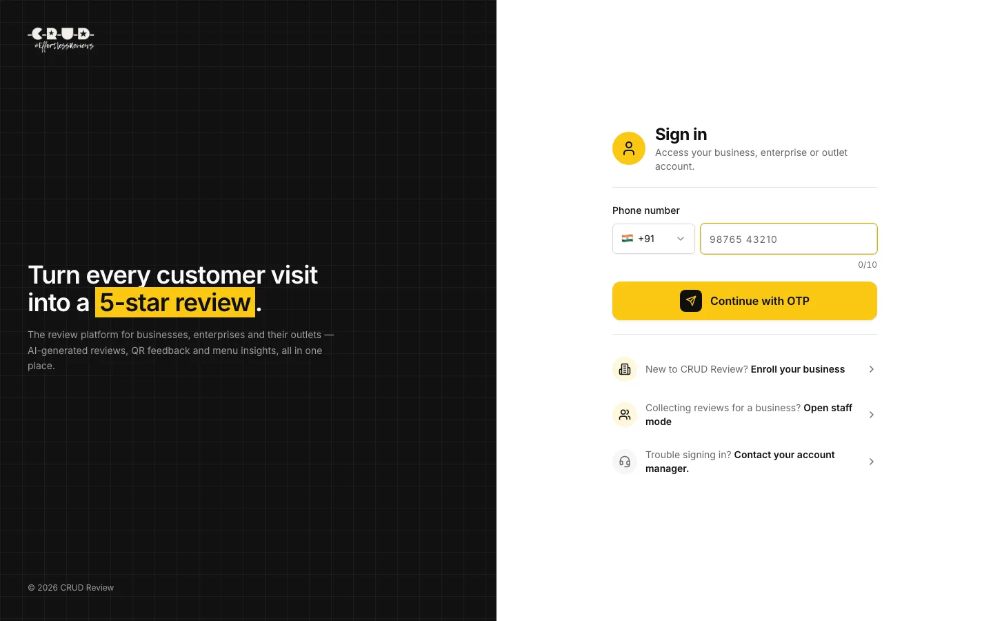 CRUD Review, Web app: OTP sign-in for businesses, enterprises and outlets