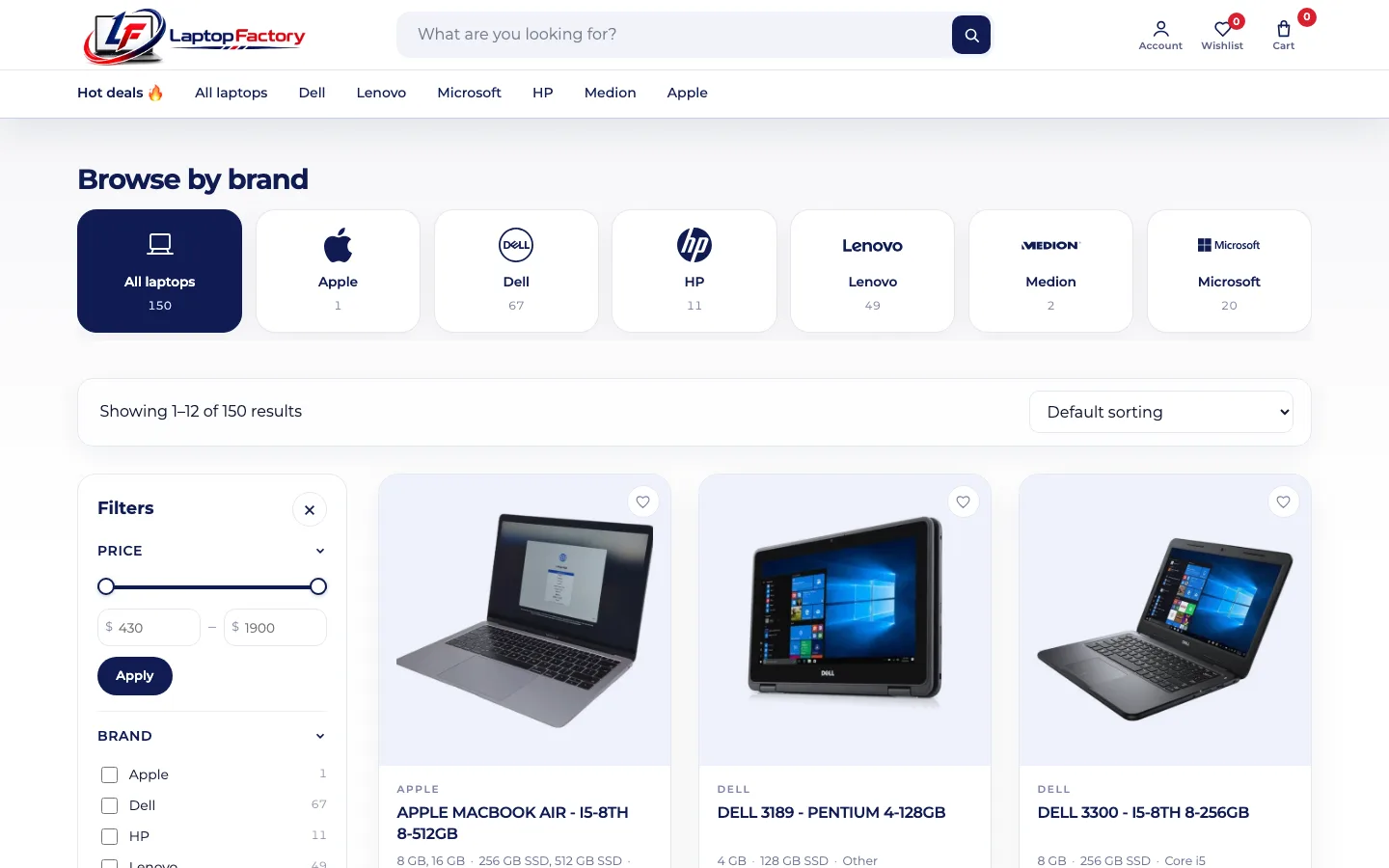 Laptop Factory, Brand browser and spec filters